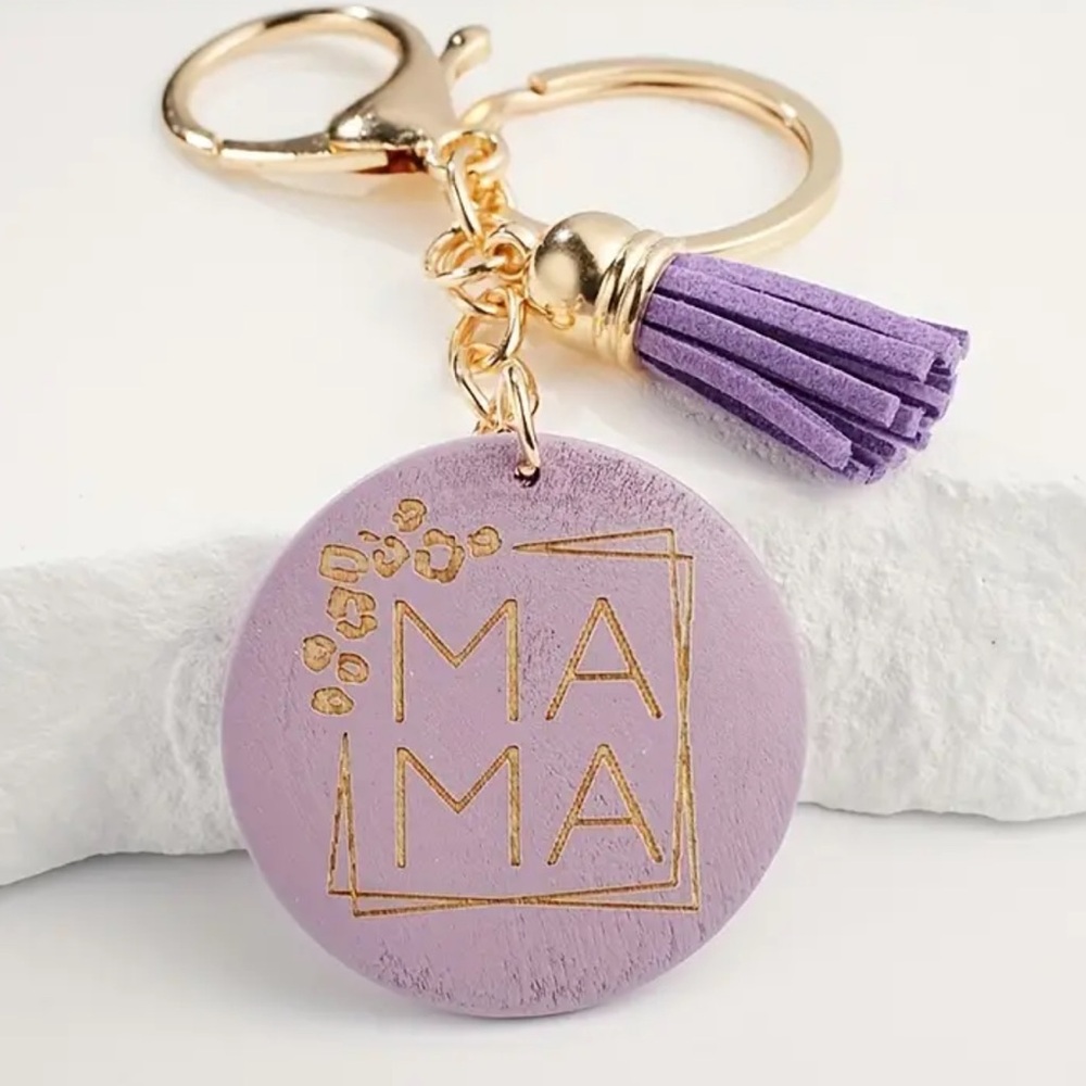NEW| Mama Engraver Purple Tassel Wood Keychain - Picture 1 of 3